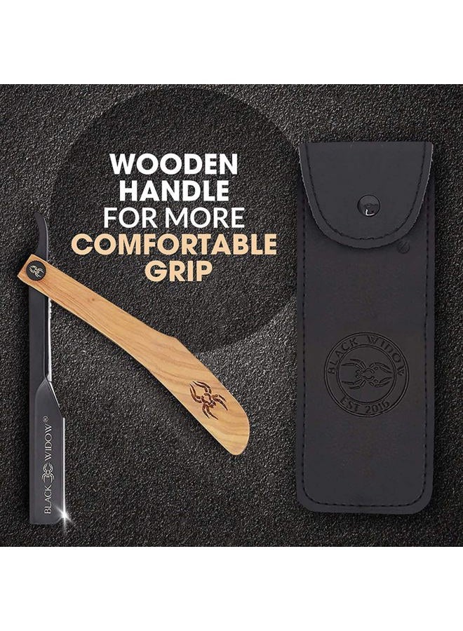 Black Widow Executive Brand Razor Barber Straight Kit - Vintage Wooden Handle, 10 Double-Edge Blades, Men's Shaving Kit for Barbers, Light Wood - Image 5